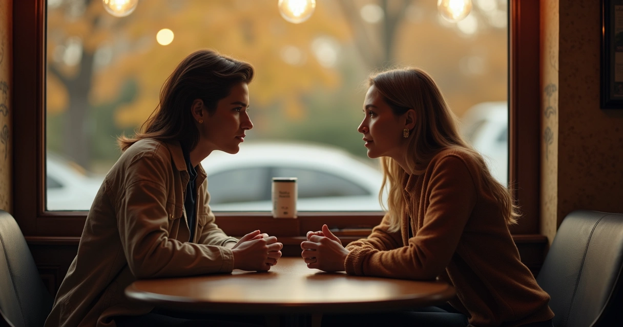 Duas pessoas conversando olhando nos olhos em uma mesa de café 