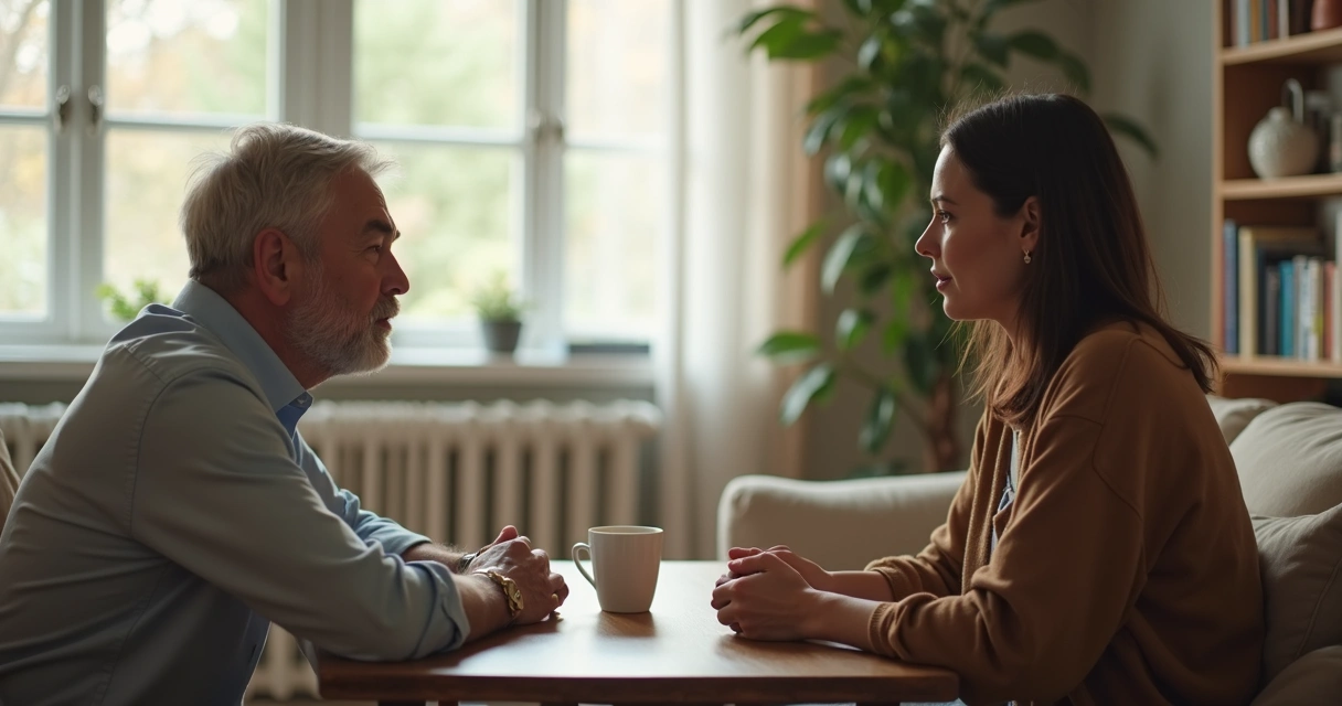 Duas pessoas em conversa atenta em ambiente claro