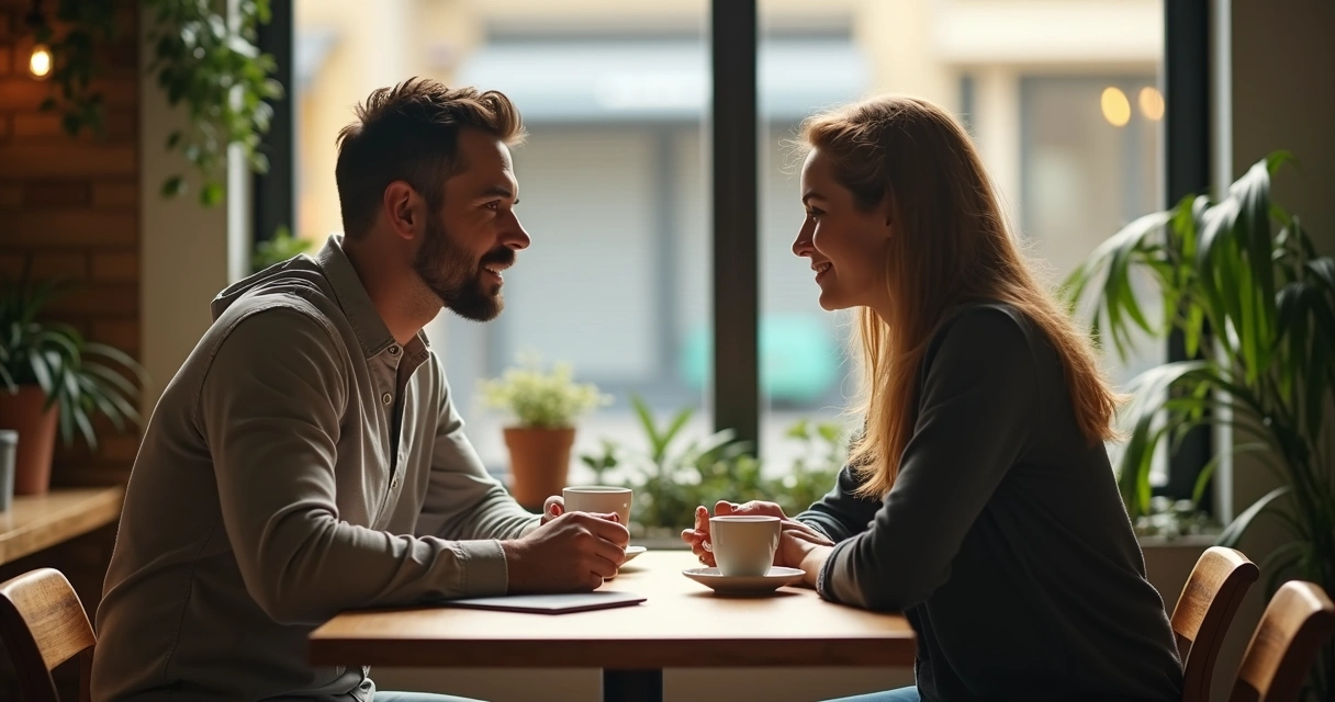 Duas pessoas conversando com proximidade e confiança em uma mesa de café 