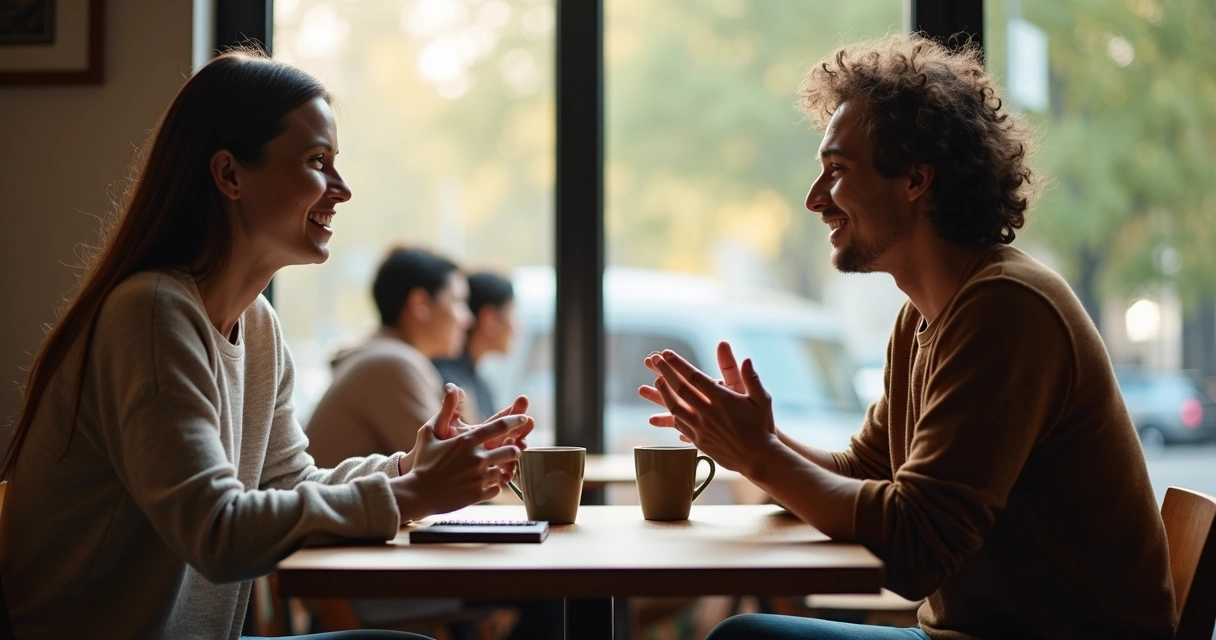 Duas pessoas conversando de forma aberta e genuína em um ambiente tranquilo 