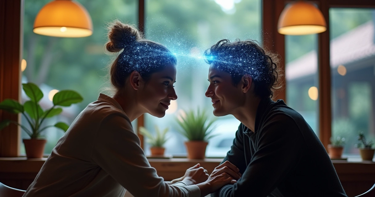 Duas pessoas em conversa profunda com sobreposição sutil de traços de cérebro em luz suave 
