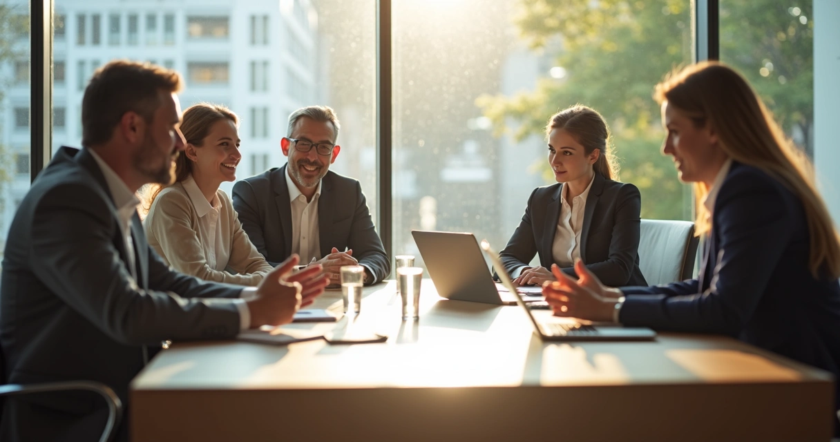 Pessoas conversando em reunião de trabalho, com expressões genuínas