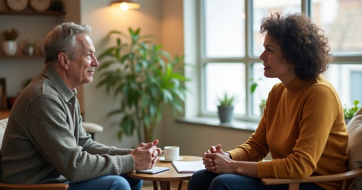 Duas pessoas conversando com atenção em ambiente acolhedor