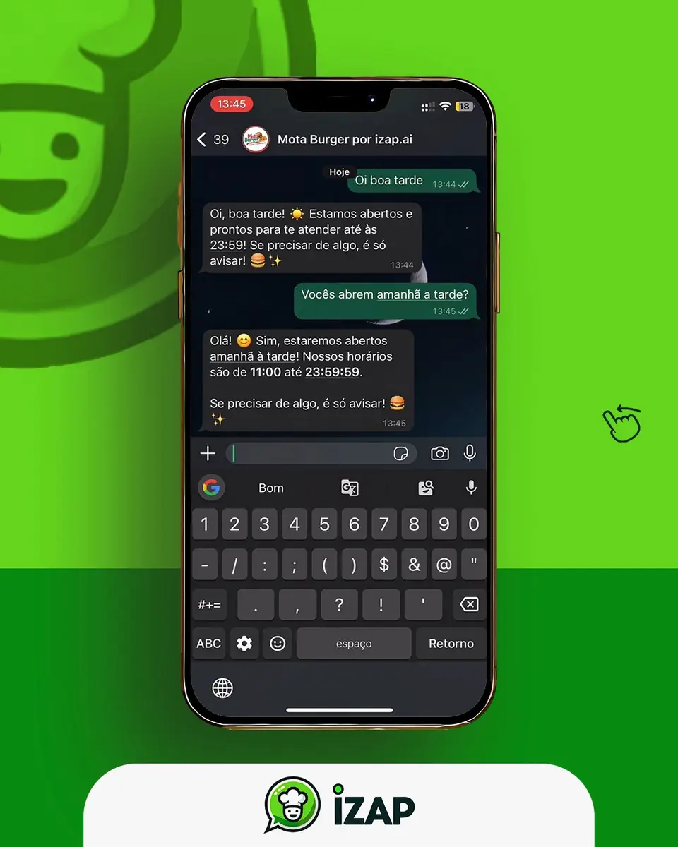 Tela de smartphone mostrando conversa automática de atendimento via WhatsApp da Mota Burger usando iZap