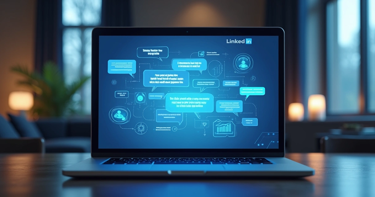 Interface do LinkedIn com fluxos de automação de conversa B2B integrados e gráficos ao fundo 