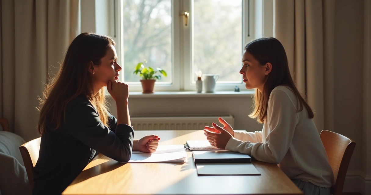 Duas pessoas em conversa séria em mesa de madeira 