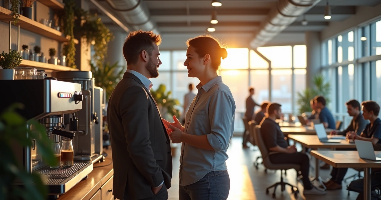 Dois profissionais conversam casualmente ao lado de uma máquina de café em um espaço moderno de coworking 