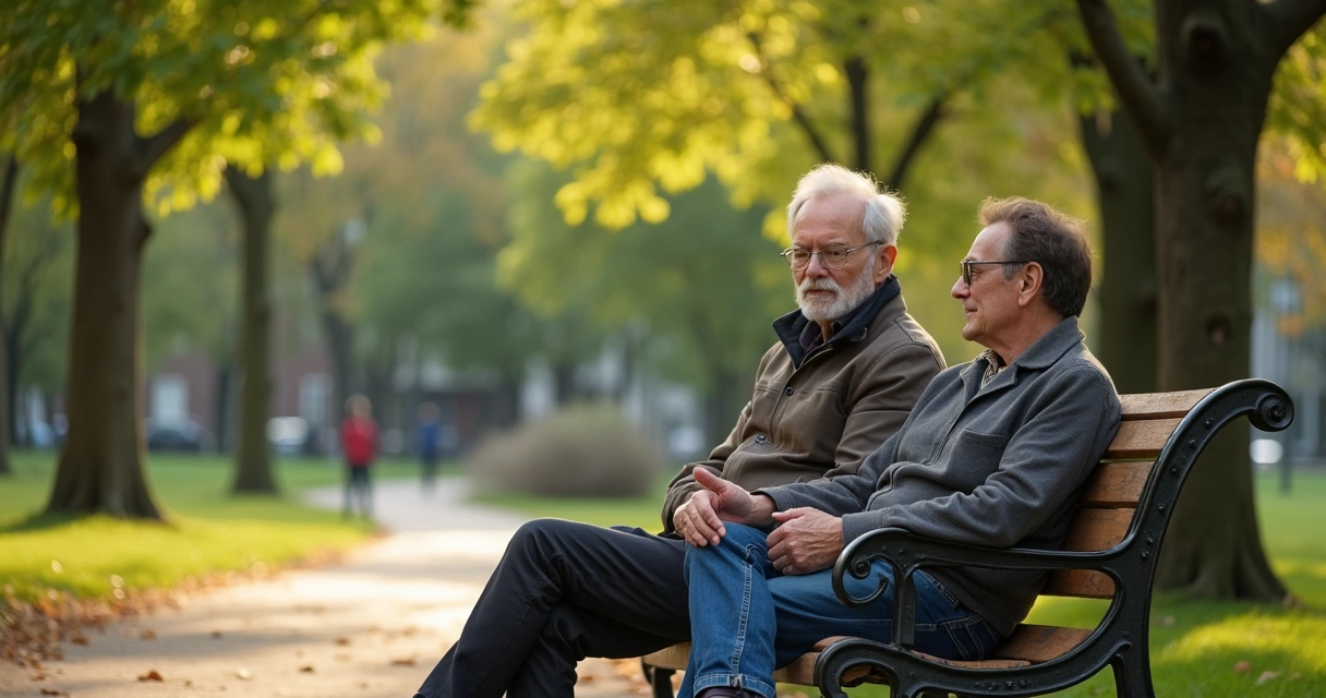 Duas pessoas em conversa tranquila em banco de praça