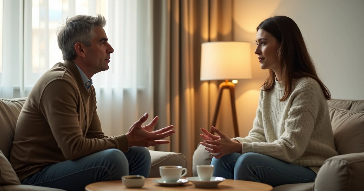 Casal conversando com calma em sala iluminada 