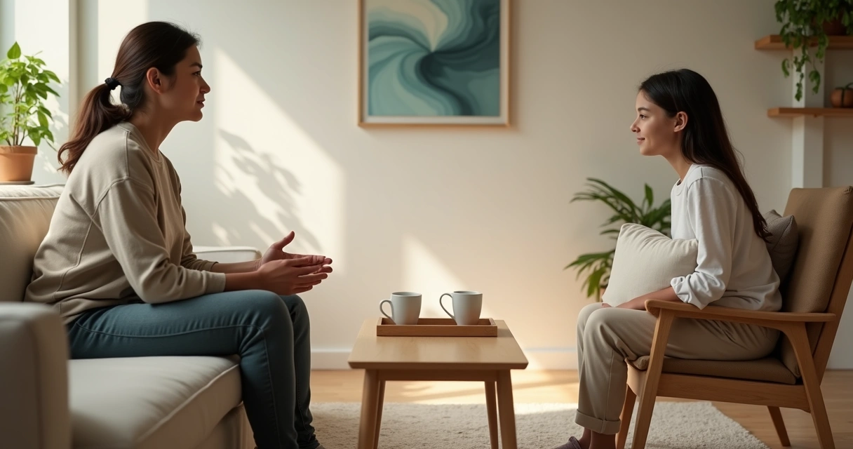 Dois familiares conversando com tom calmo separados por linha imaginária no sofá 