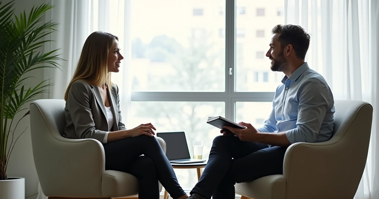 Duas pessoas conversando sobre direção profissional em ambiente tranquilo 