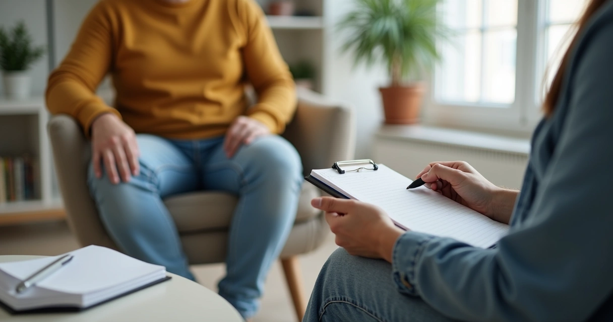 Casal em conversa acolhedora durante acompanhamento terapêutico 