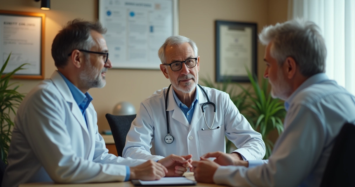 Homem e mulher conversando com médico em consultório, ambiente acolhedor. 
