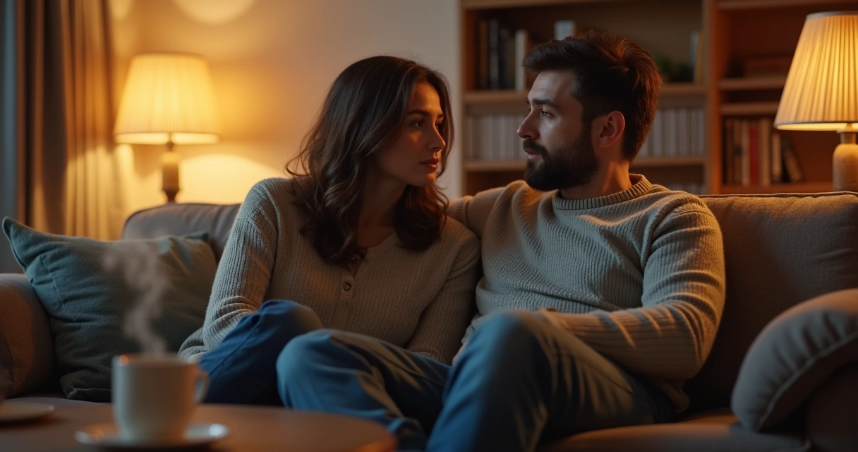 Casal sentado em ambiente reservado conversando seriamente 