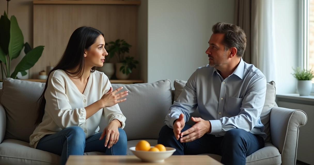 Casal conversando sentado no sofá em ambiente acolhedor