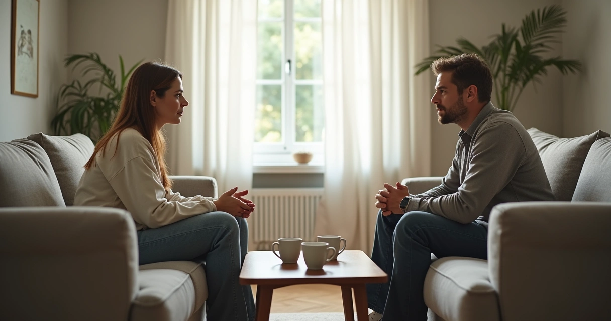 Casal conversando em sala com tensão contida 