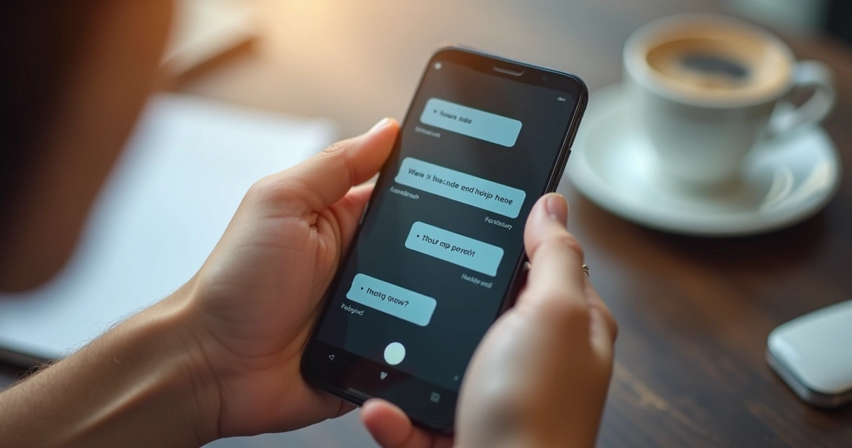 Mãos segurando celular com expressão de dúvida em conversa digital