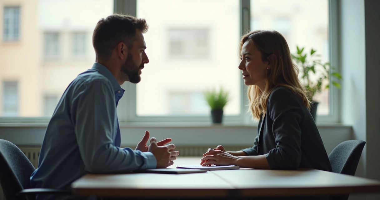 Duas pessoas conversando com calma em ambiente de trabalho