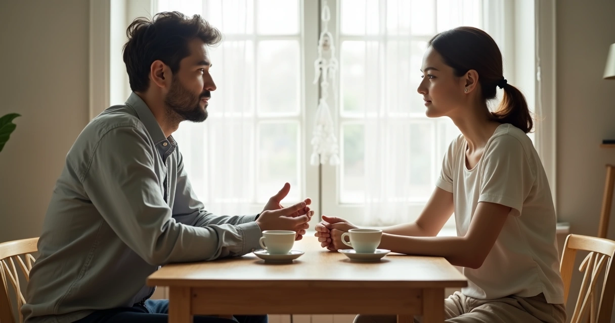 Duas pessoas conversando com calma em uma mesa 
