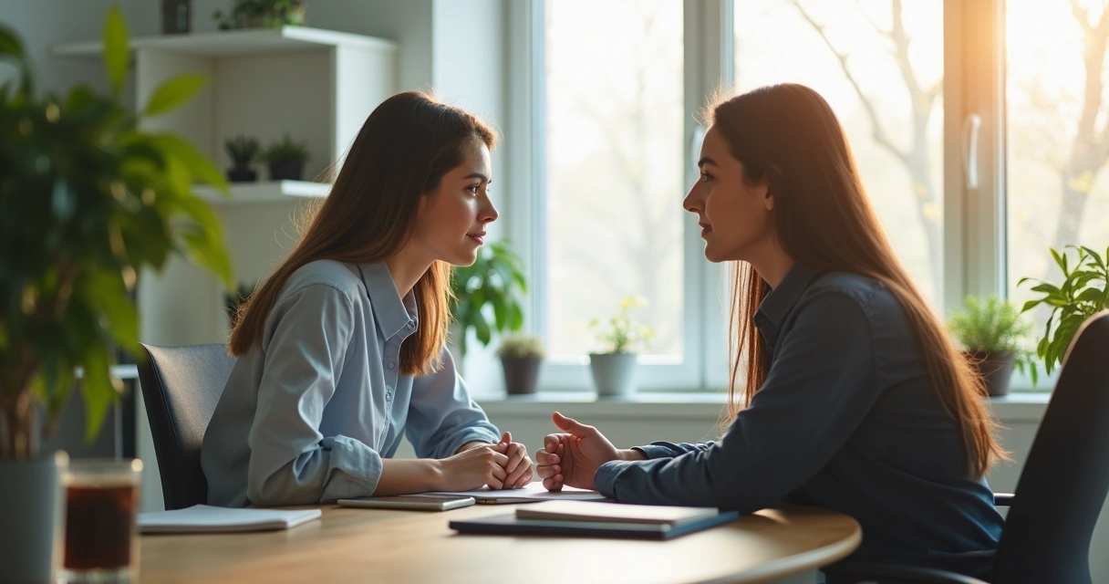 Dois colegas conversando com calma em ambiente de escritório 