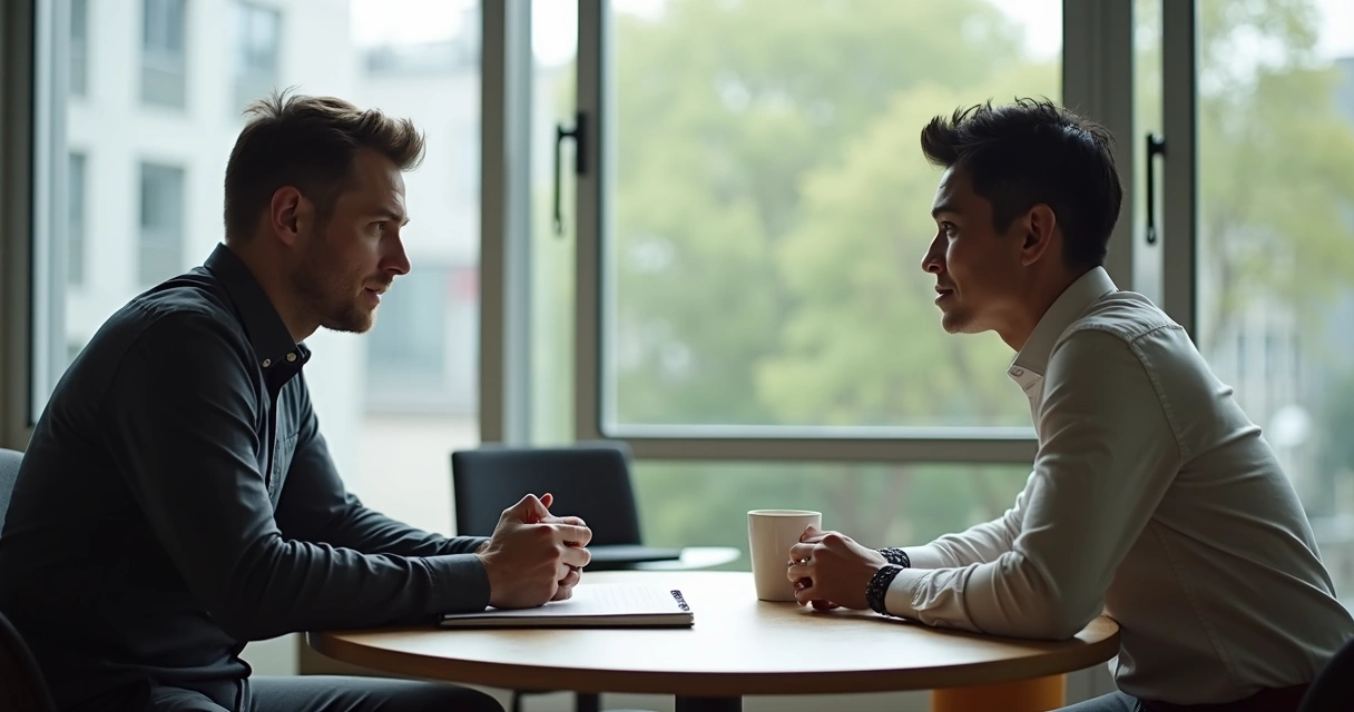 Duas pessoas conversando com calma em ambiente profissional