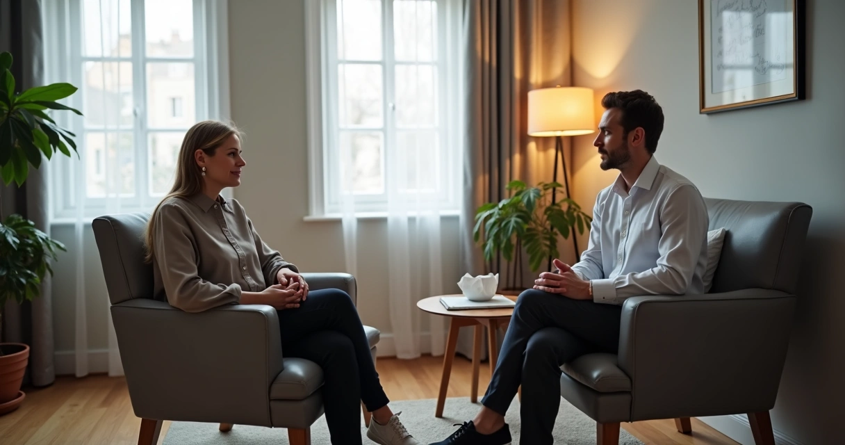 Profissional em consultório conversando com calma e postura firme