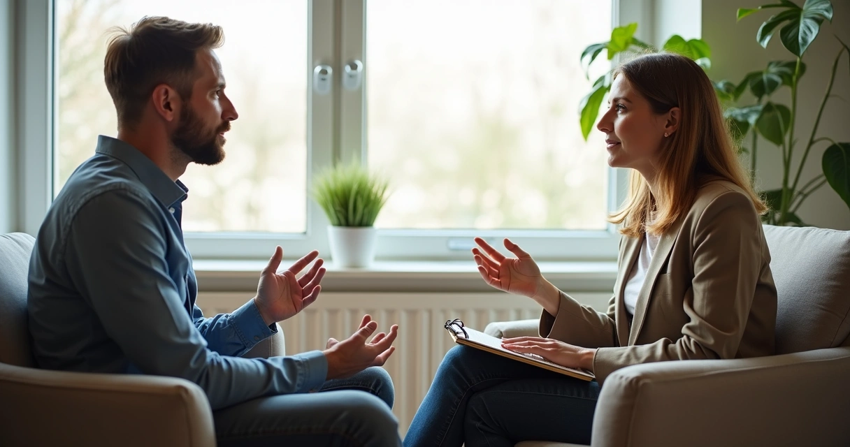 Duas pessoas em conversa de coaching em ambiente profissional iluminado 