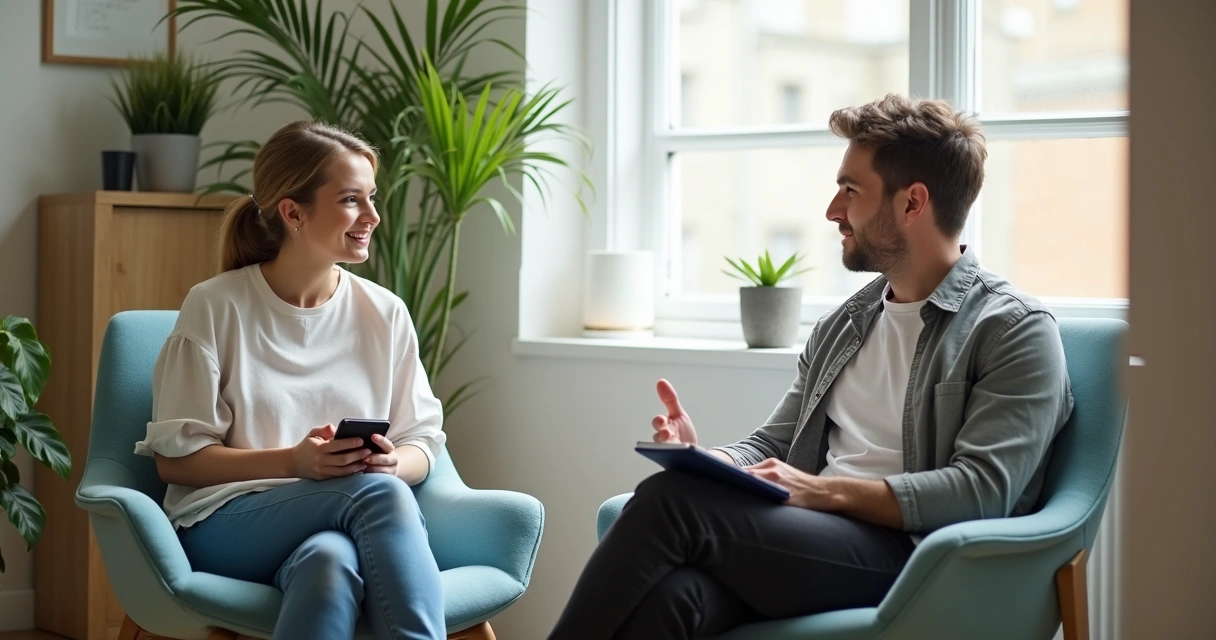 Duas pessoas em conversa de coaching em ambiente tranquilo e iluminado