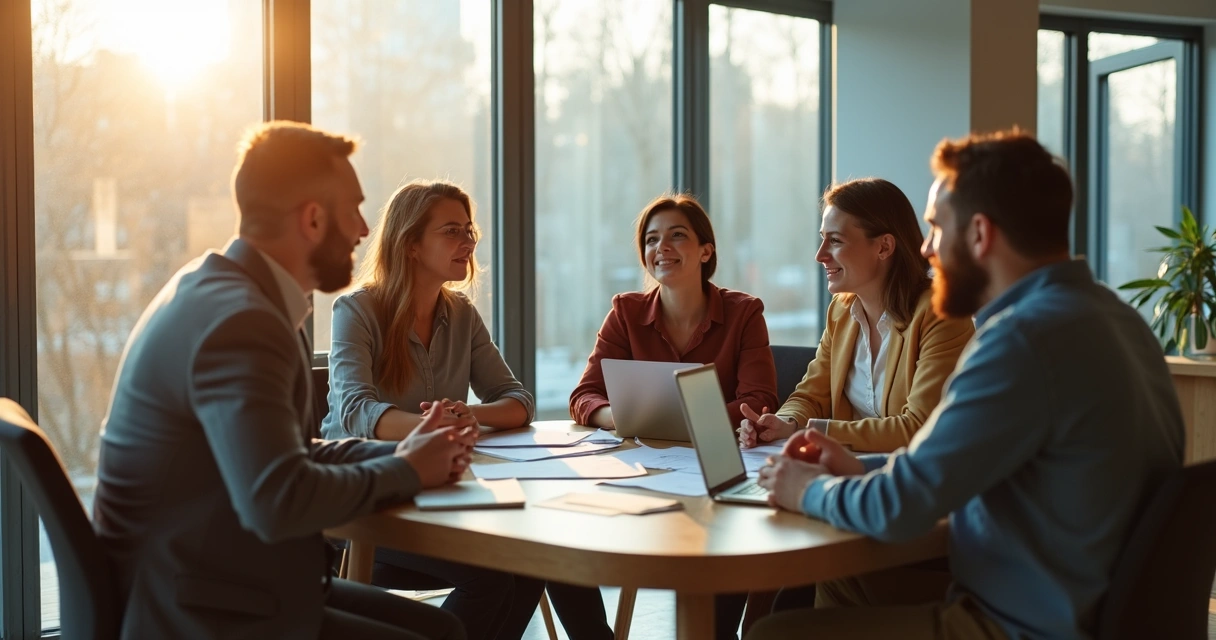Grupo de colegas de trabalho conversando em círculo em escritório moderno 