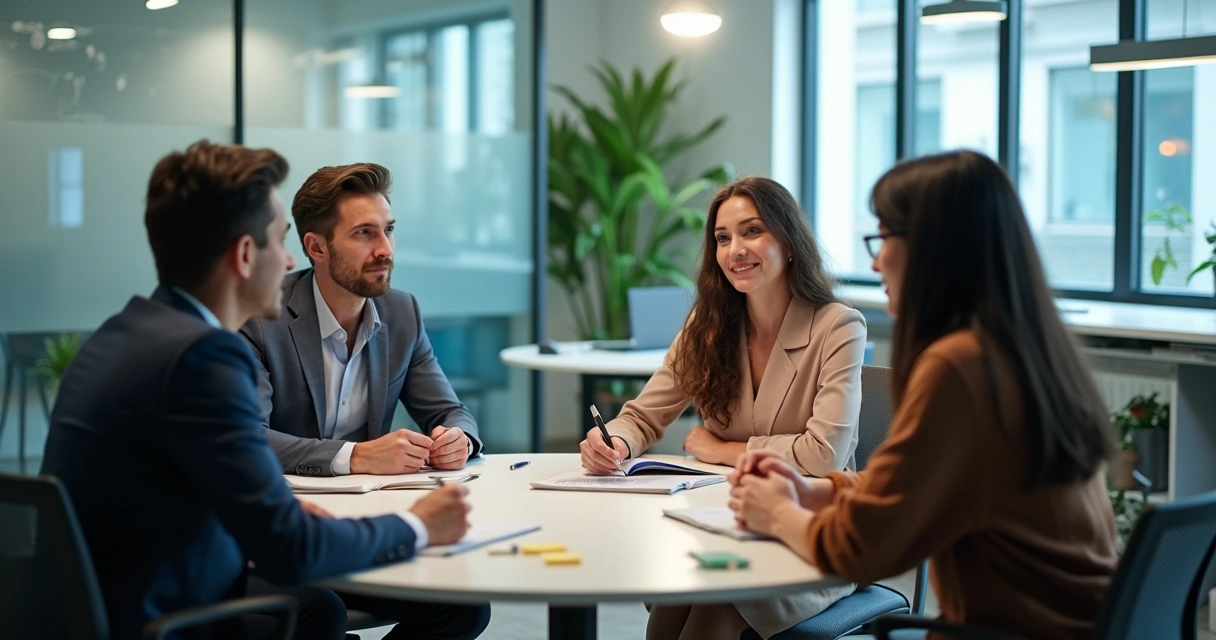 Colegas em conversa colaborativa durante reunião de equipe 