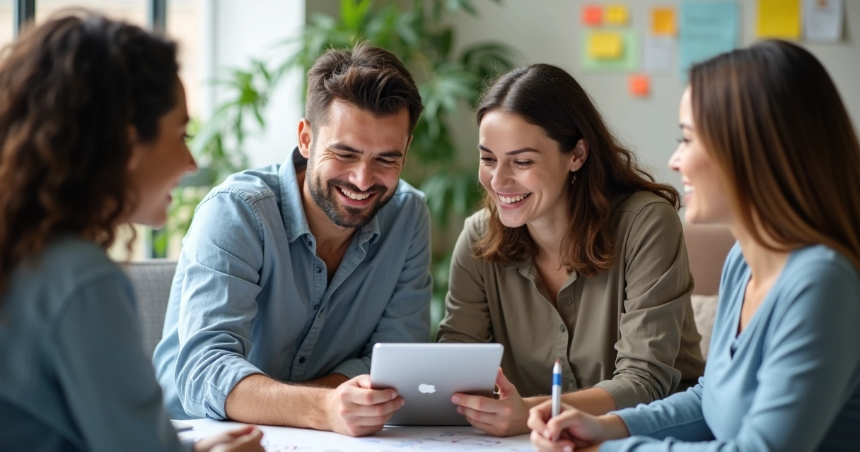Duas pessoas em reunião de trabalho, conversando e compartilhando ideias. 
