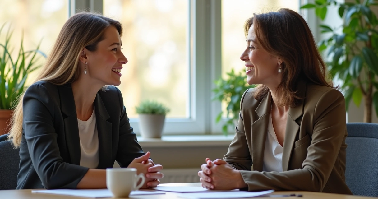 Duas pessoas conversando em cadeira próximo a janela de escritório, clima amistoso 