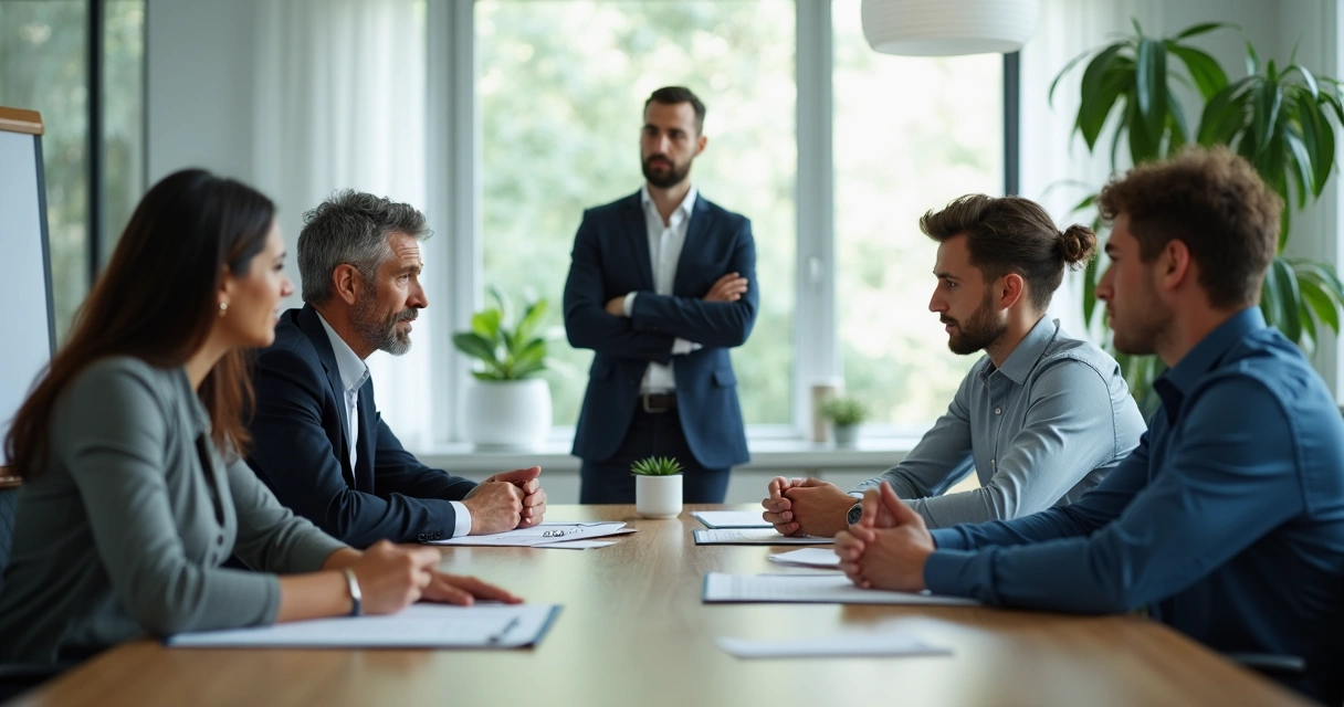 Colegas conversam em sala de reunião, alguns atentos, outros desconfortáveis 