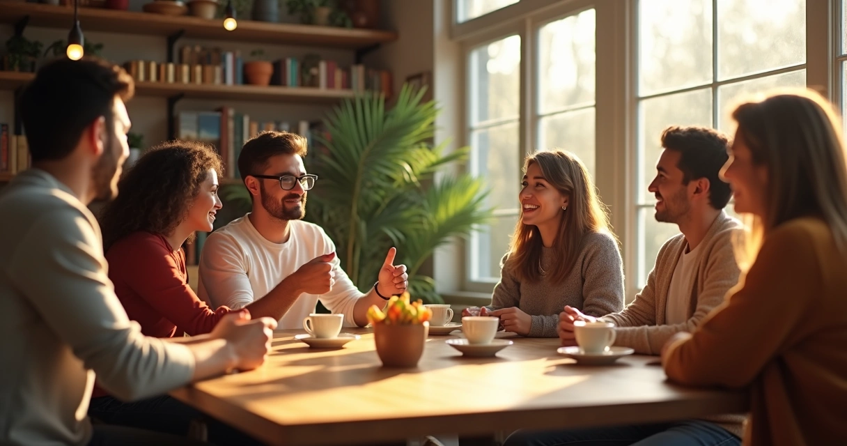 Grupo de pessoas conversando ao redor de uma mesa com xícaras de café 