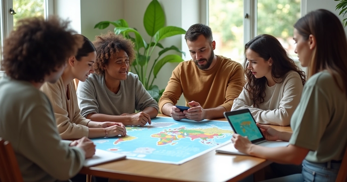 Pessoas em roda observando mapa e telas com conexões globais 