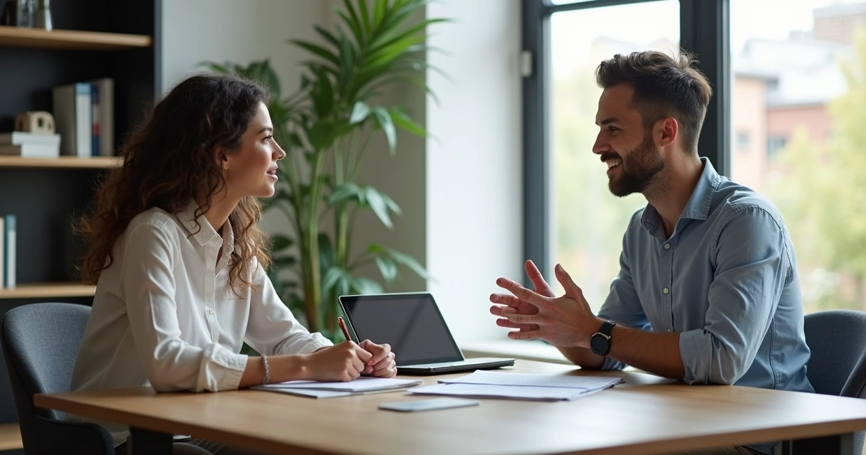 Duas pessoas conversando de frente em ambiente de trabalho, papéis sobre a mesa