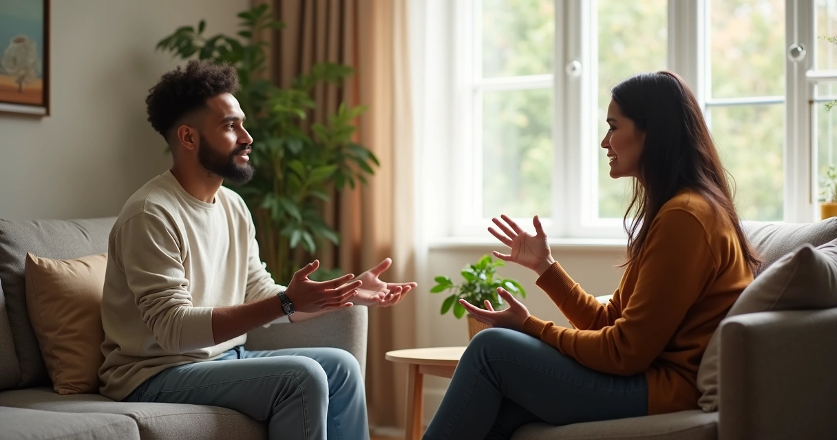 Duas pessoas conversando com atenção em ambiente tranquilo 