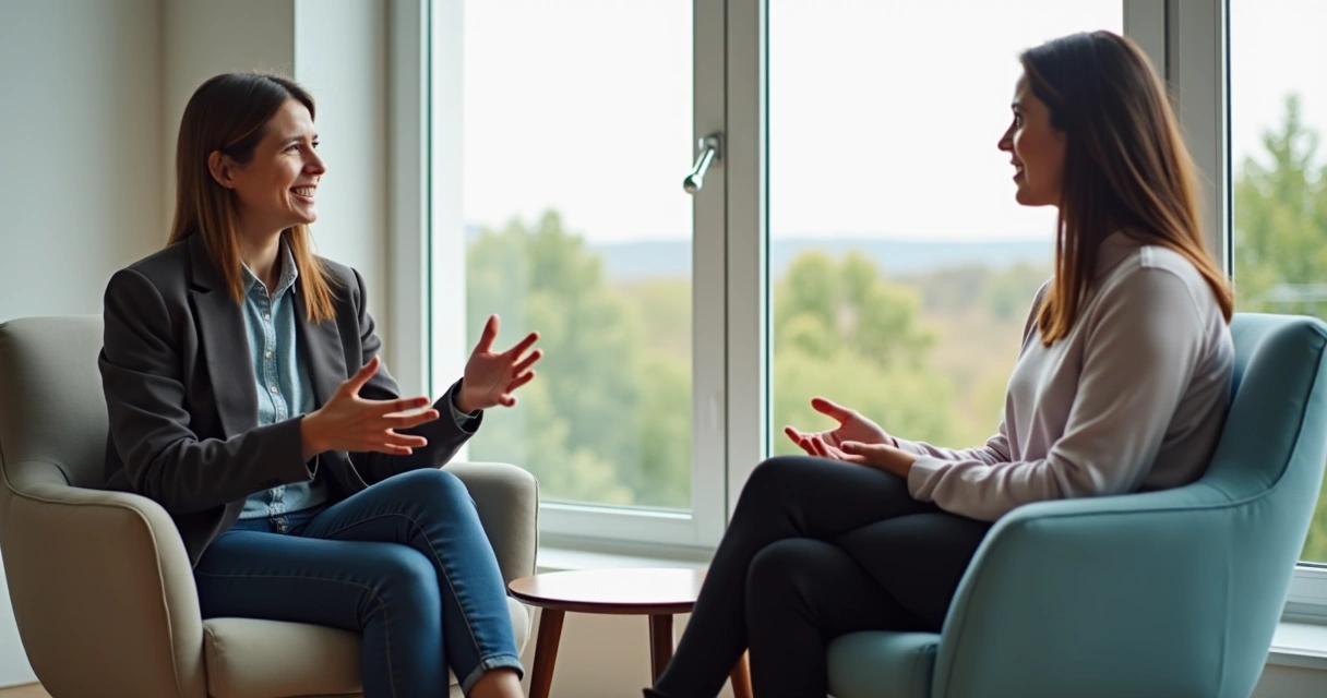Duas pessoas em conversa atenta em ambiente interno iluminado 