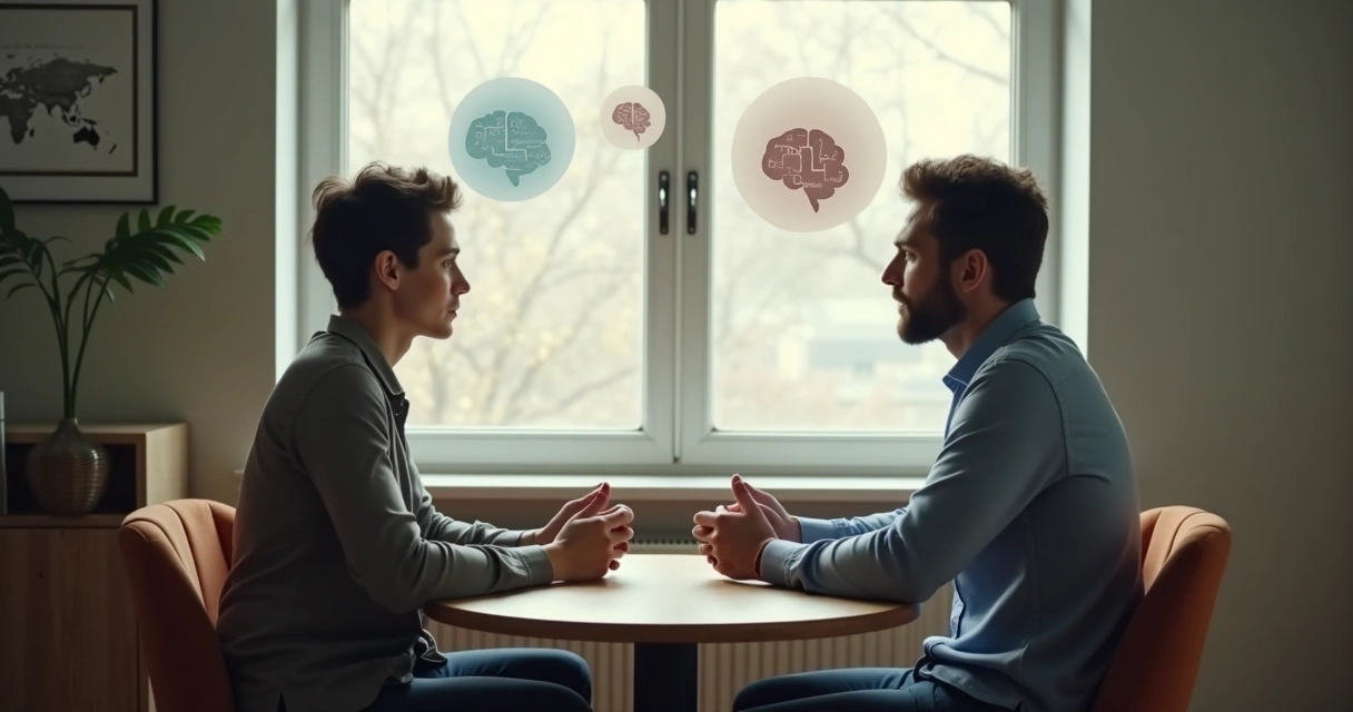 Duas pessoas conversando enquanto símbolos visuais mostram interpretações mentais diferentes