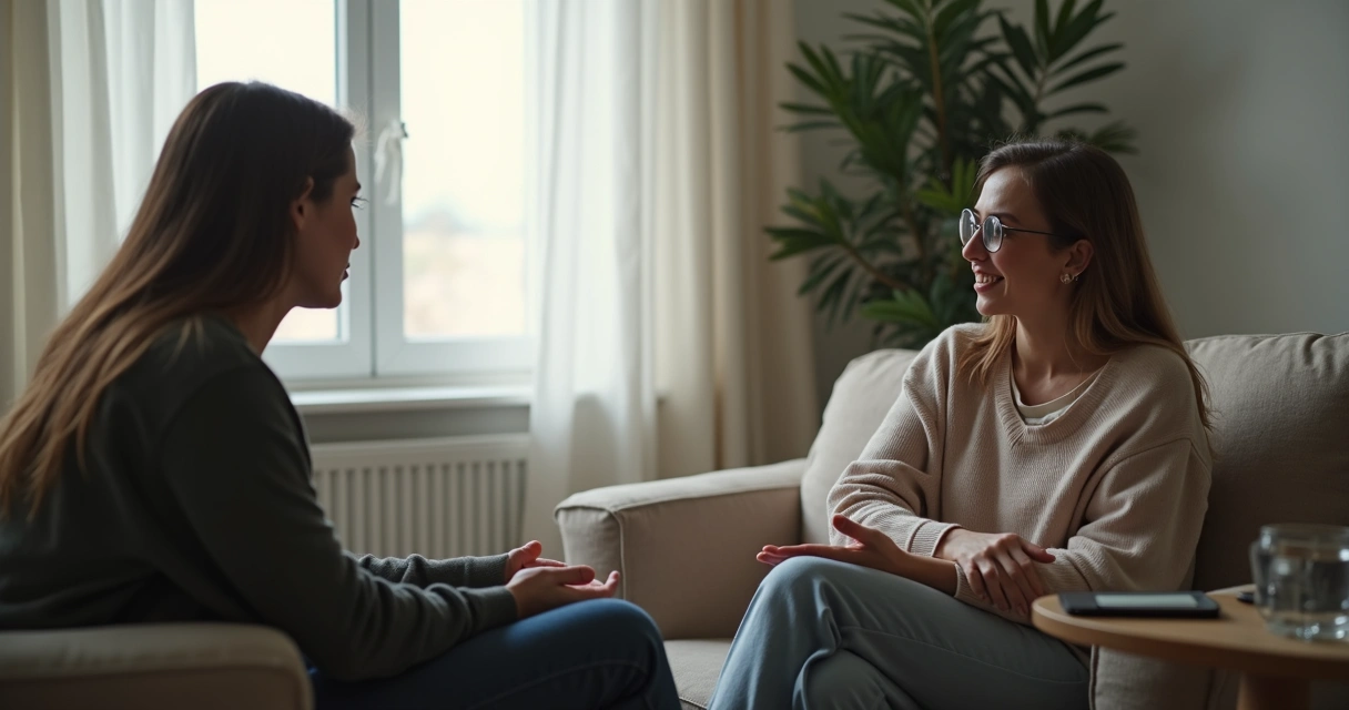 Duas pessoas conversando com expressão séria em ambiente calmo 