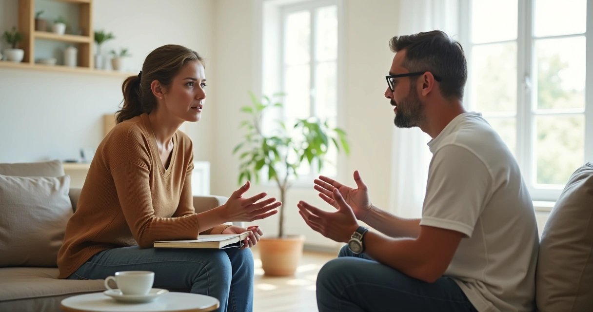 Duas pessoas conversando com postura calma em uma sala clara 