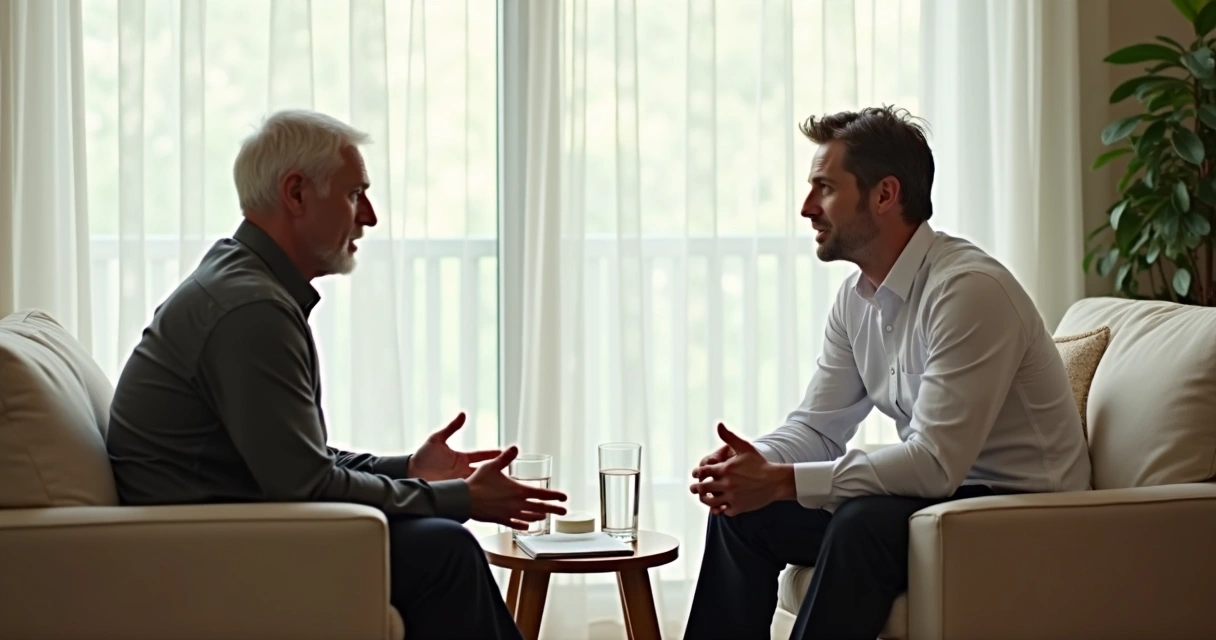 Duas pessoas conversando com calma em ambiente claro