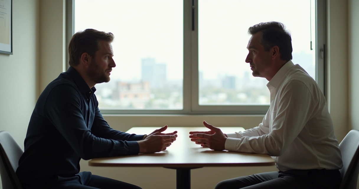Duas pessoas conversando com postura firme e respeitosa