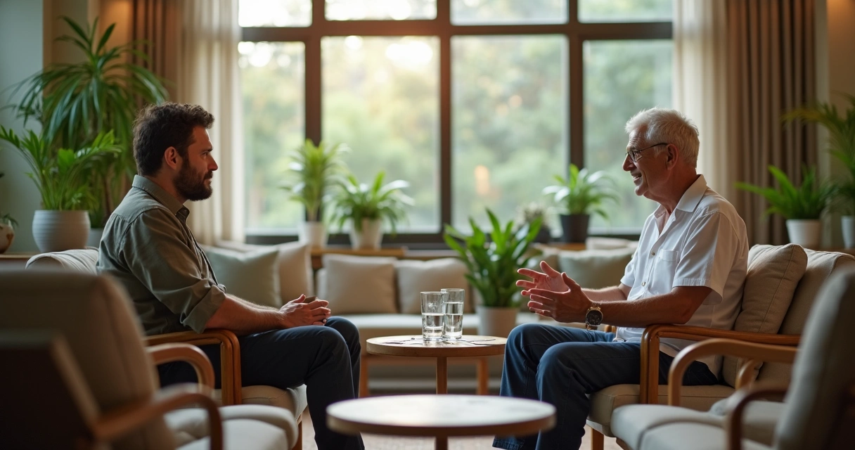 Duas pessoas conversando com postura calma em ambiente discreto 