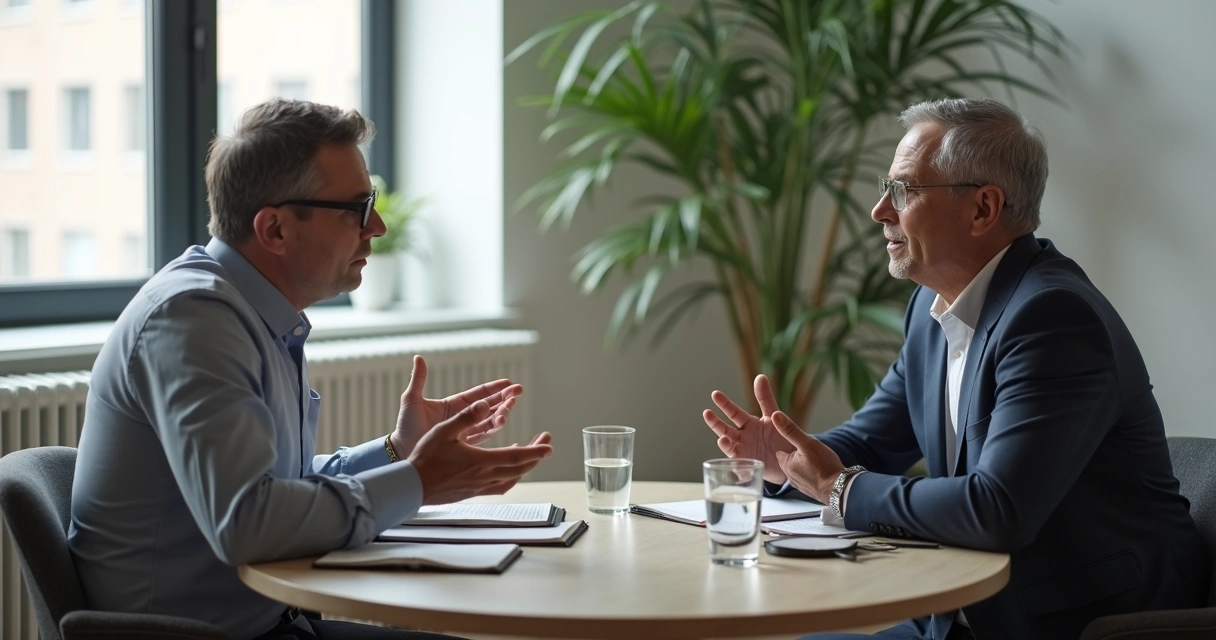 Duas pessoas conversando com postura respeitosa em ambiente de trabalho