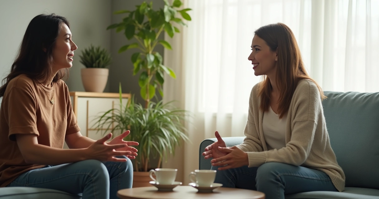 Duas pessoas conversando com postura serena em uma sala clara 