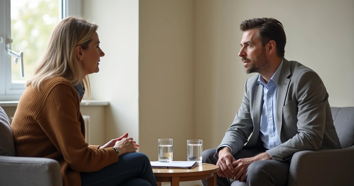 Duas pessoas conversando com postura calma em ambiente interno 