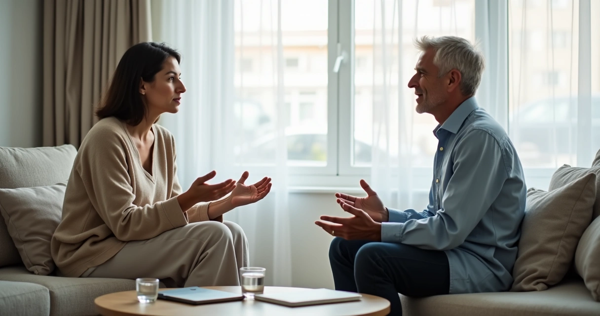 Duas pessoas conversando com postura calma em uma sala clara