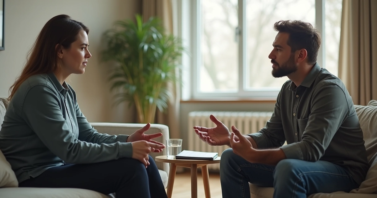 Duas pessoas conversando com postura calma em sala iluminada