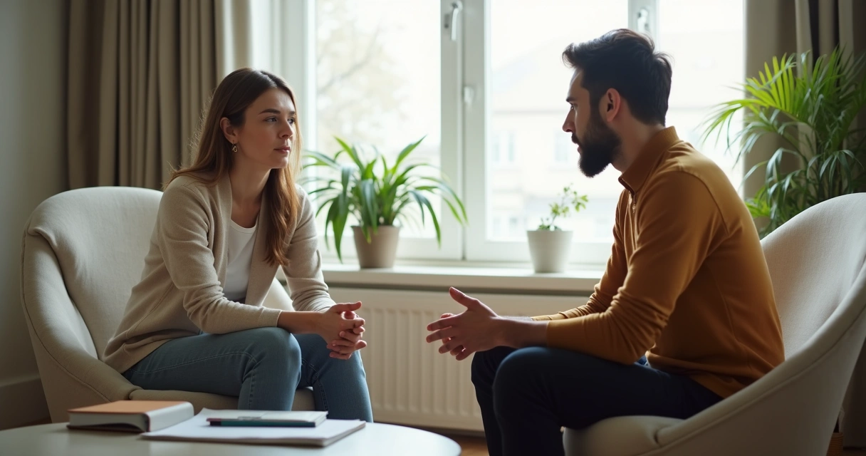 Casal conversando com distância respeitosa em ambiente interno 